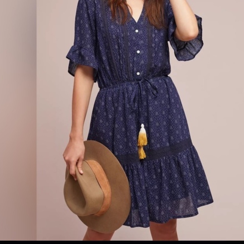ANTHROPOLOGIE Navy Midi Dress with Tie Waist